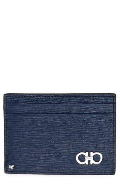 Ferragamo Revival Leather Card Case In Fjord Blue
