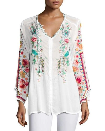 Johnny Was Peacock Embroidered Georgette Top, Plus Size In White