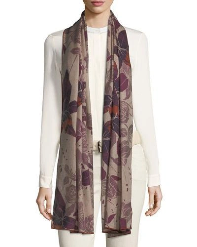 Loro Piana Cashmere Stola Amaryllis Floral Pattern Soft Air Scarf In Pink/purple