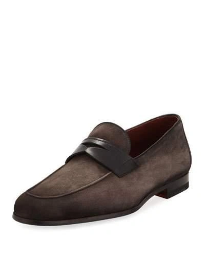 Neiman Marcus Soft Suede Flat Penny Loafer, Gray