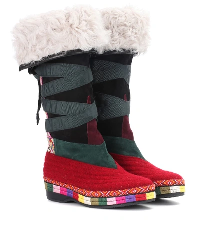 Etro Shearling-lined Paneled Suede Knee Boots In Multicoloured