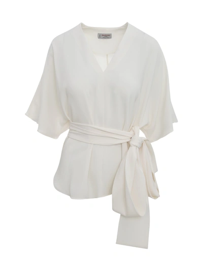 Alberto Biani Blouse With V Neck And Belt In Bianco