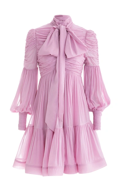 Zimmermann Celestial Tie-neck Ruched Georgette Mini Dress In Purple