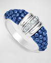 Lagos Sterling Silver White Caviar Ceramic Diamond 1-row Taper Ring In Blue/silver