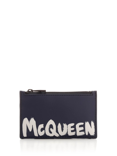 Alexander Mcqueen Logo Printed Zipped Wallet In Navy