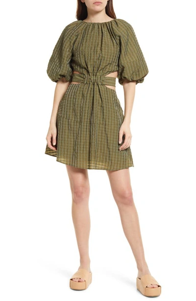 Moon River Balloon Sleeve Cutout Tie Back Dress In Olive