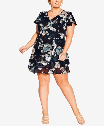 City Chic Trendy Plus Size Shy Floral Dress In Navy Shy Orchid