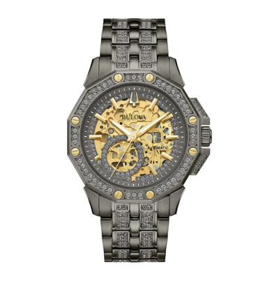 Bulova Men's Octava Automatic Crystal-accent Grey Stainless Steel Bracelet Watch 41.7mm In Gold / Gold Tone / Grey / Skeleton