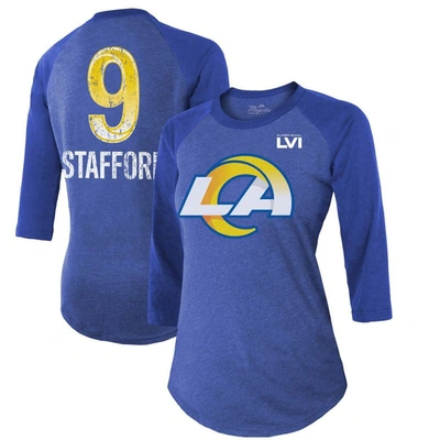 Majestic Threads Matthew Stafford Royal Los Angeles Rams Super Bowl Lvi Name & Number Raglan 3/4 Sle