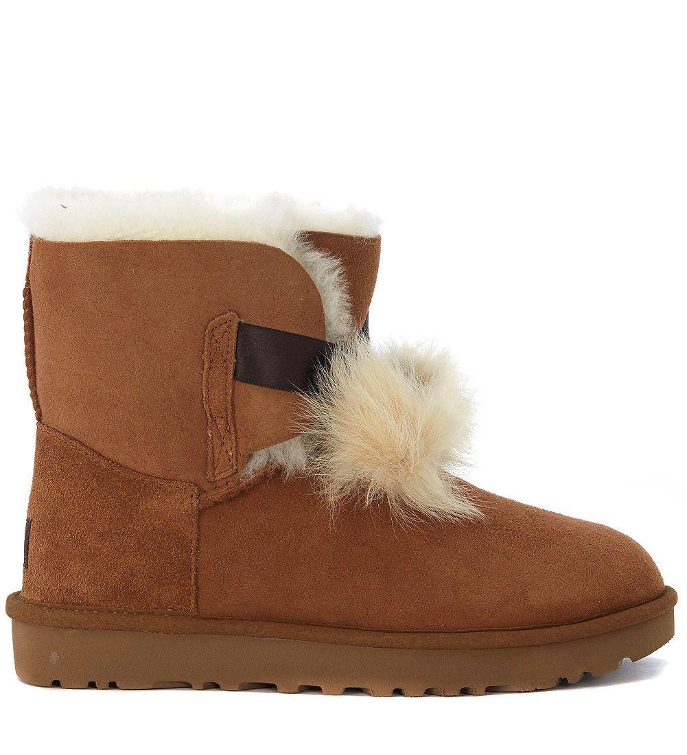 Ugg Mini Gita Brown Leather Ankle Boots With Pompon In Marrone | ModeSens