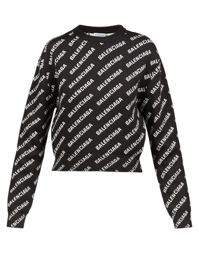 Balenciaga Long Sleeve All Over Logo Crewneck Sweater In Black White