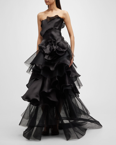 Marchesa Tiered Column Gown With Satin-faced Rose Detail In Black