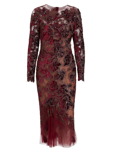 Marchesa Beaded Velvet Floral Tulle Midi Dress In Burgundy