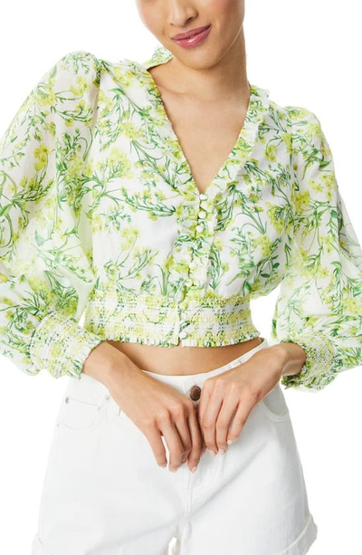 Alice And Olivia Callico Floral Cotton & Silk Crop Blouse In Sun Ditsy Off White