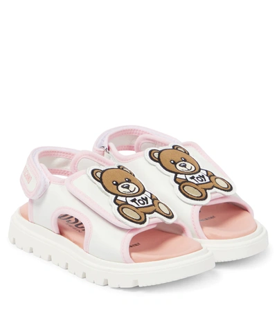 Moschino Kids' Teddy Embroidered Leather Sandals In White,pink