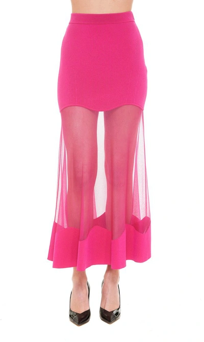 Alexander Mcqueen Woman Long Fuchsia Knit Skirt With Tulle Insert In Pink