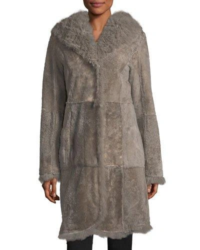 Belle Fare Reversible Fitted Lamb Shearling Long Coat W/ Oversized Hood In Grey/camel
