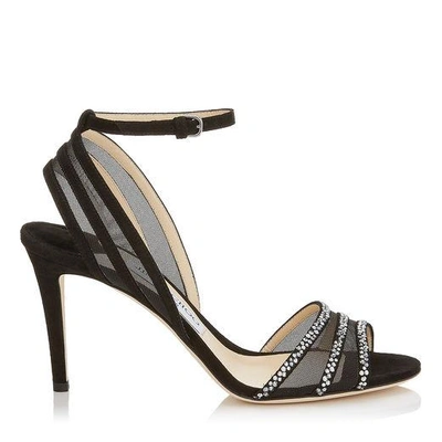 Jimmy Choo Betty 85 Black Suede And Mesh Open Toe Pumps With Hotfix Crystals In Black/anthracite