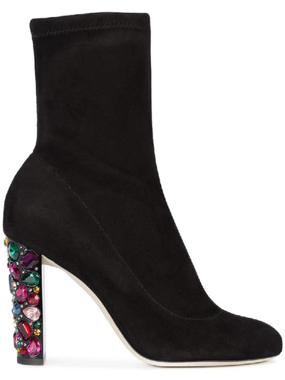 Jimmy Choo Maine 100 Black Stretch Suede Booties With Embellished Heels