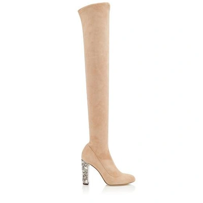 Jimmy Choo Mya 100 Ballet Pink Stretch Suede Over The Knee Boots With Metallic Embellished Heel