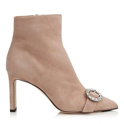 Jimmy Choo Hanover 85 Ballet Pink Suede Booties With Crystal Buckle In Pink & Purple