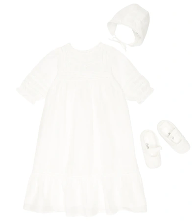 Bonpoint Baby Lace-trim Silk Dress, Bonnet And Shoes In Blanc Lait