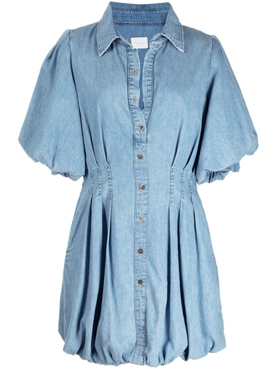 Jonathan Simkhai Standard Ciara Denim Button-front Puffed Sleeve Fit-and-flare Mini Dress In Blue-lt