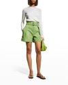 Vince Belted Cotton And Linen-blend Twill Shorts In Green