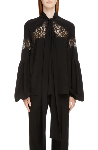 Givenchy Blouson-sleeve Silk Georgette Blouse W/ Lace Insets In Nero