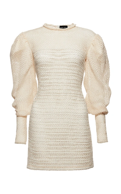 Magda Butrym Cruz Puff-sleeve Crochet Woven Leather Mini Cocktail Dress In Neutral