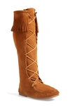 Minnetonka Knee High Moccasin Boot In Brown Suede