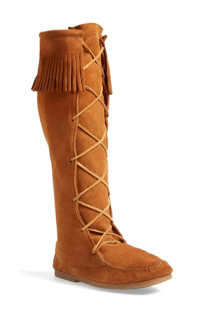 Minnetonka Knee High Moccasin Boot In Brown Suede