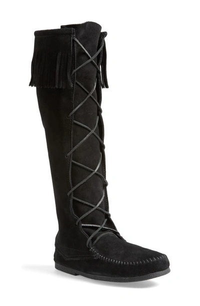 Minnetonka Knee High Moccasin Boot In Black Suede