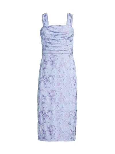 Aidan Mattox Pleated Metallic Jacquard Sheath Dress In Blue/lilac