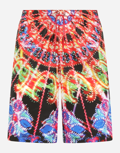 Dolce & Gabbana Long Swim Trunks With Illumination Print In Multicolour