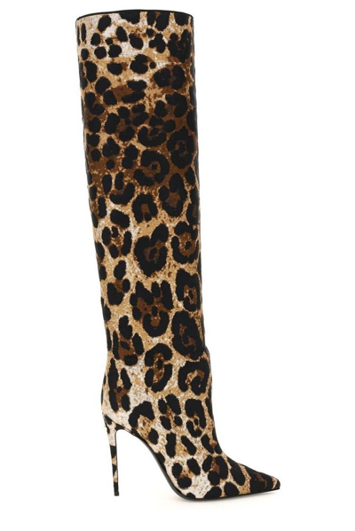 Dolce & Gabbana Leopard Jacquard Stiletto Knee Boots In Brown