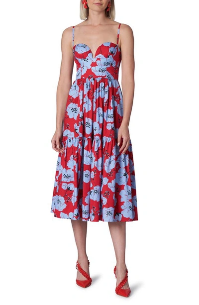 Carolina Herrera Tiered Poppy Print Stretch Cotton Bustier Dress In Multi