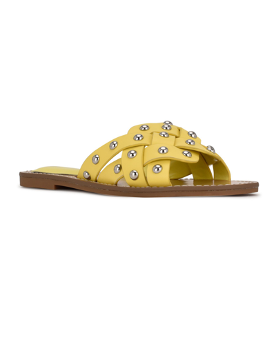Nine West Cia Womens Studded Faux Leather Slide Sandals In Yellow