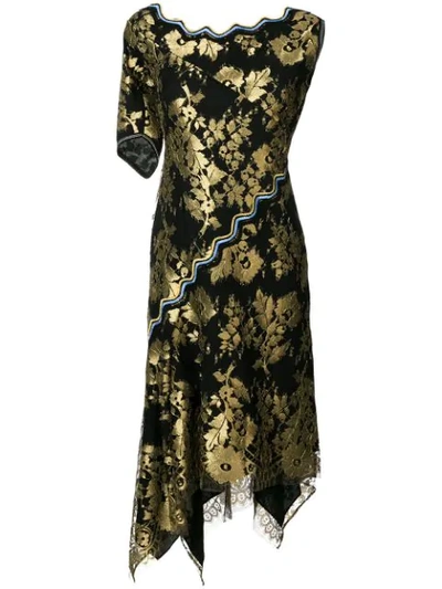 Peter Pilotto Asymmetric Metallic Jacquard Midi Cocktail Dress W/ Handkerchief Hem In Black