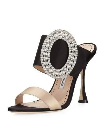 Manolo Blahnik Fibiona Crystal-buckle Satin Mule Sandal In Black