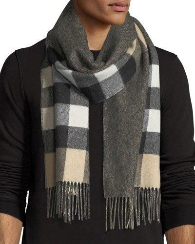 Burberry Men's Slim Cashmere Mega-check To Solid Scarf In Camel
