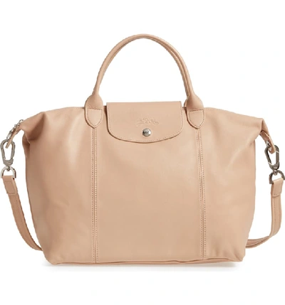 Longchamp Medium 'le Pliage Cuir' Leather Top Handle Tote - Beige In Gold Beige