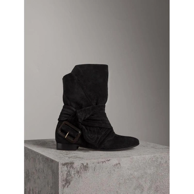 Burberry Belt Detail Suede Boots In Black