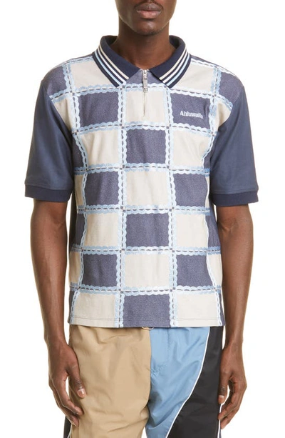 Ahluwalia Men's Checkerboard Graphic-print Polo Shirt In Beige Blue Navy