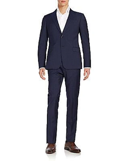 Armani Collezioni Two-button Striped Wool Suit In Navy