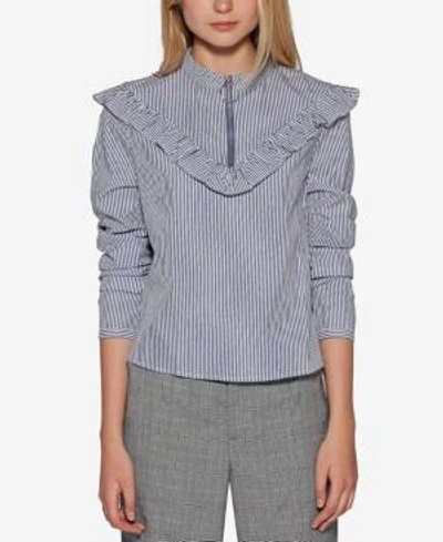 Avec Les Filles Cotton Striped Zip-front Ruffle Top In Navy/white