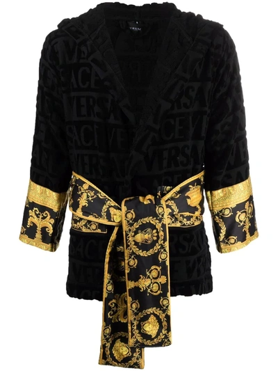Versace Barocco-print Cotton Robe In Black