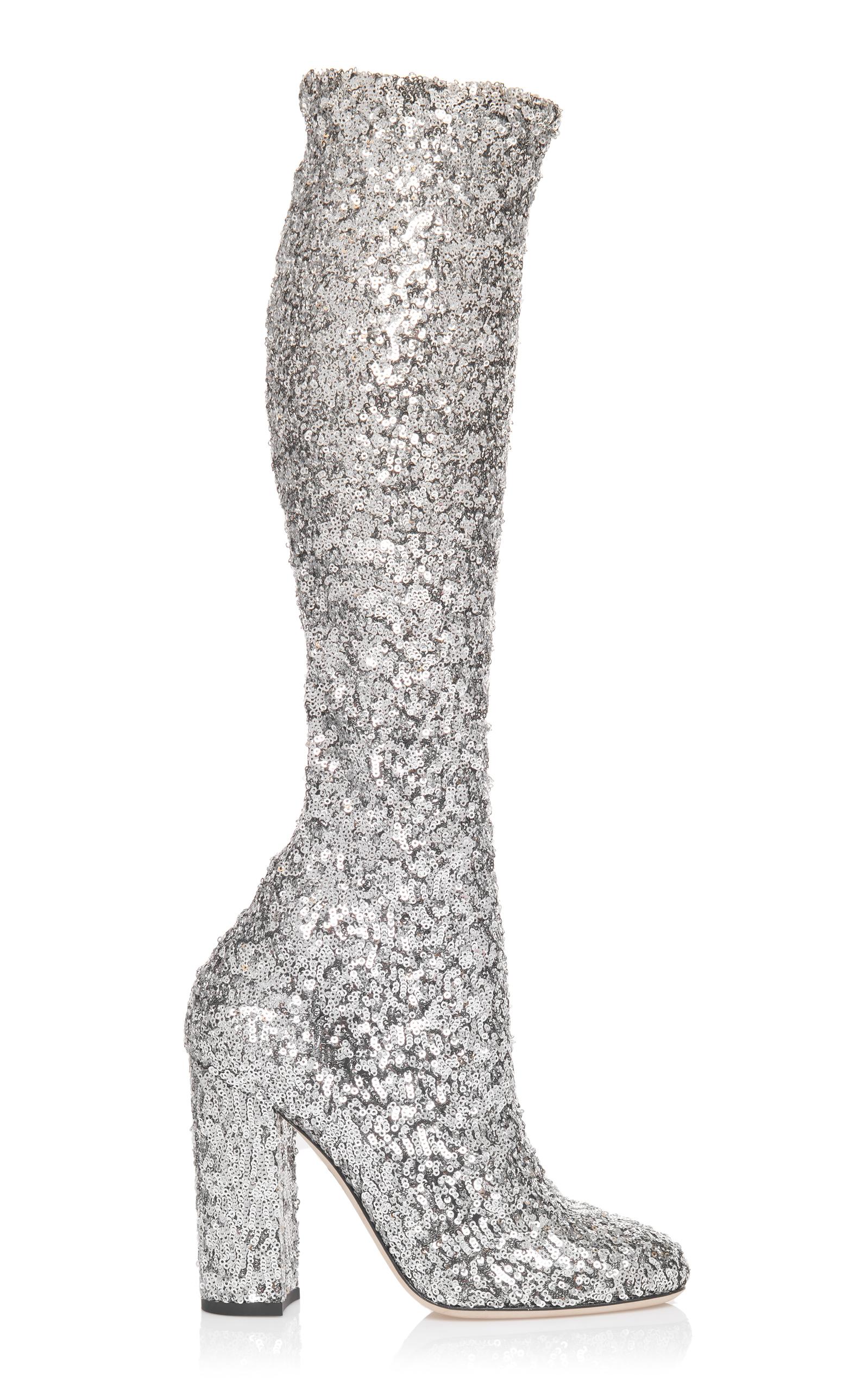 Dolce & Gabbana 90mm Stretch Sequins Over The Knee Boots In Silver ModeSens
