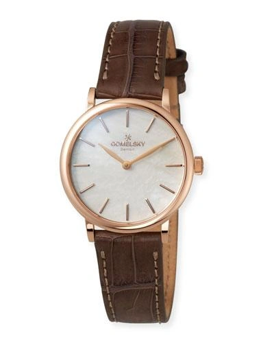 Gomelsky By Shinola The Agnes 32mm Mother-of-pearl Watch With Brown Alligator Strap In Rose Gold