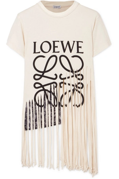 Loewe Paneled Fringed Printed Cotton-jersey T-shirt In Nude&neutrals
